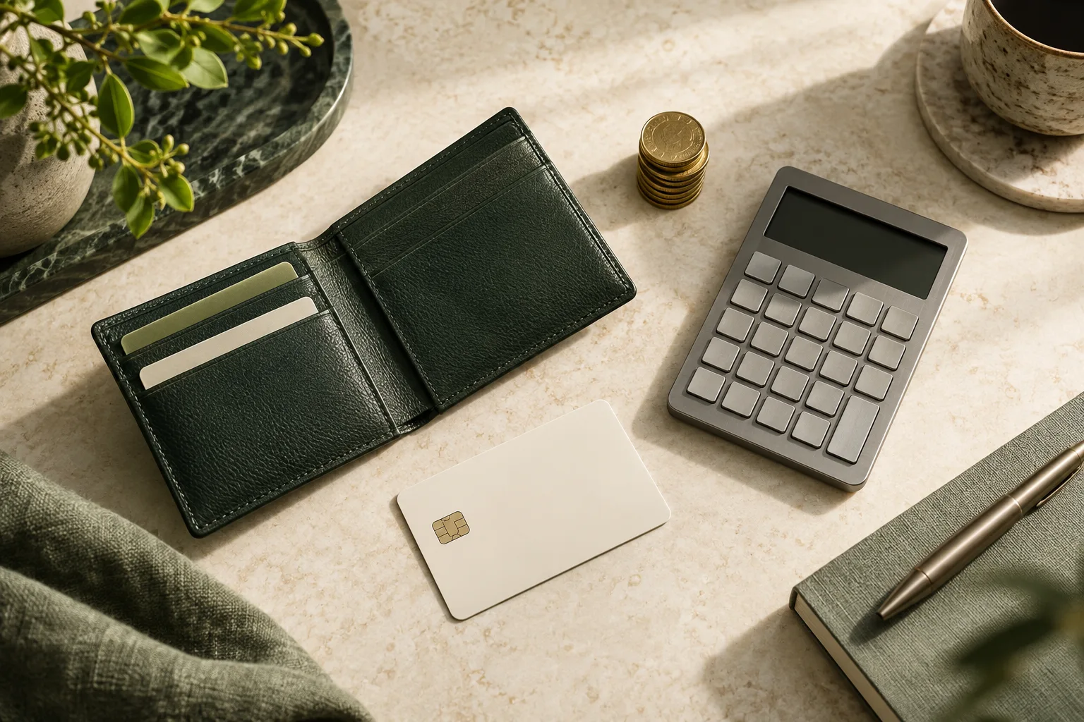 A green wallet, calculator and coin stack arranged on a desk.