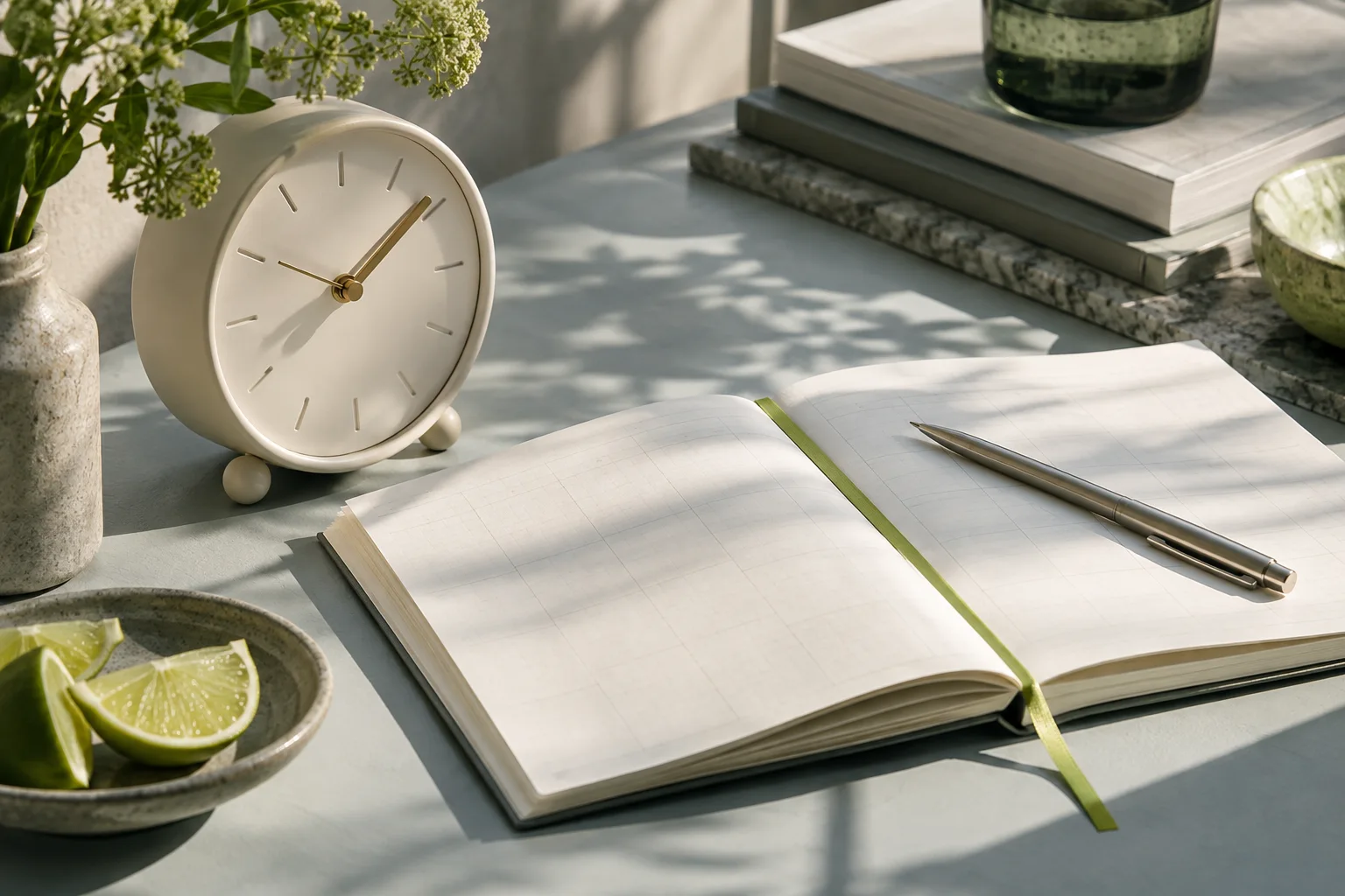 A clock, paper planner and silver pen on a pale blue-gray desk.
