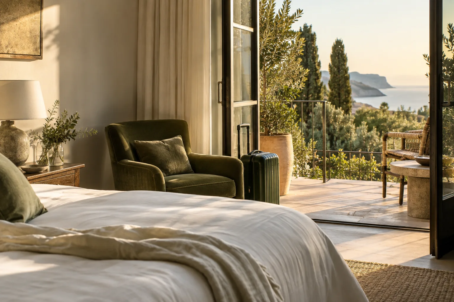 An illustrative coastal hotel room with white linen and a green armchair.