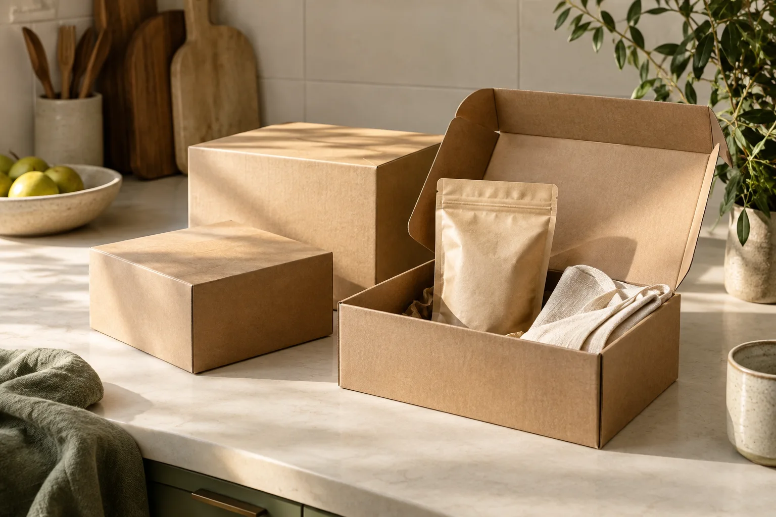 Kraft delivery boxes and a coffee pouch on a kitchen counter.