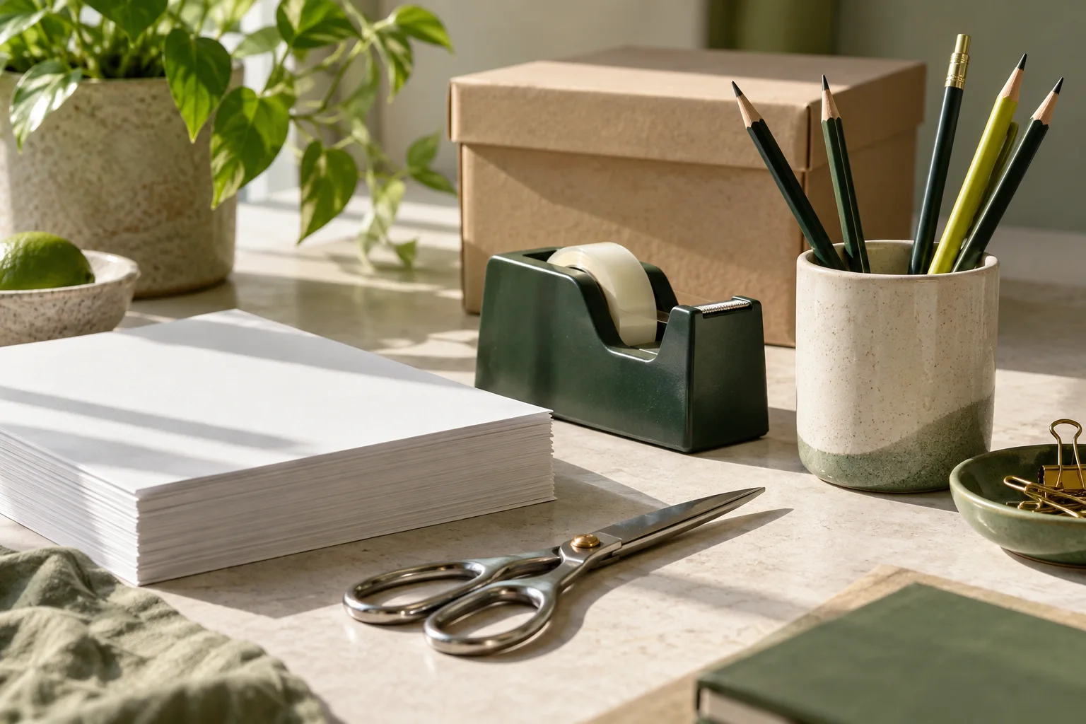 Paper, pencils, scissors and a tape dispenser ready for office restocking.