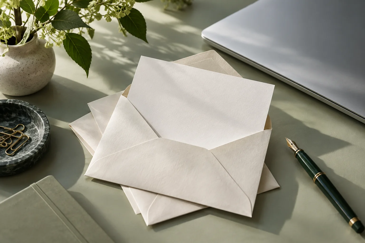 Ivory envelopes and a pen beside a closed laptop.