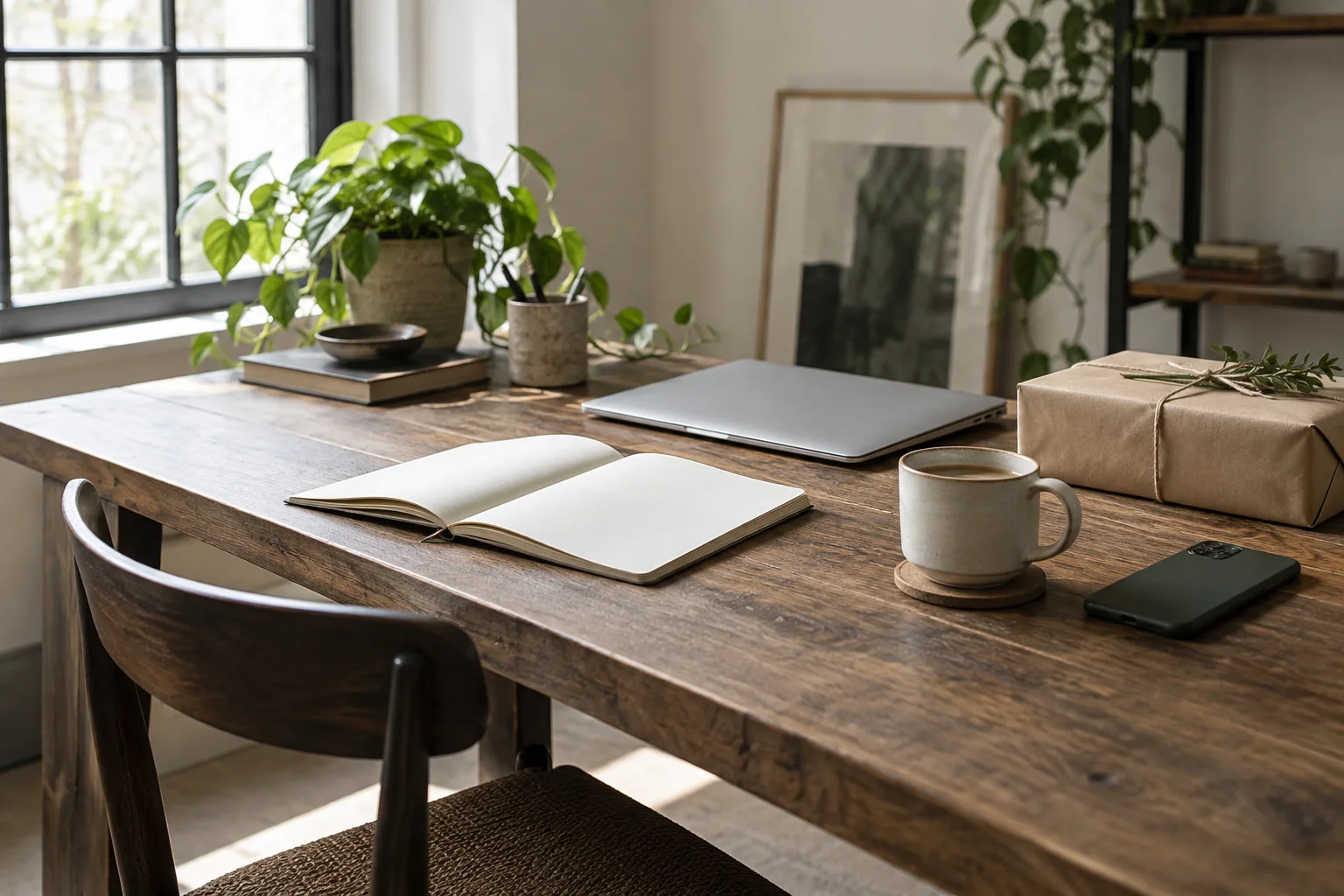 Notebook, coffee, phone and a parcel on a sunlit studio work table.