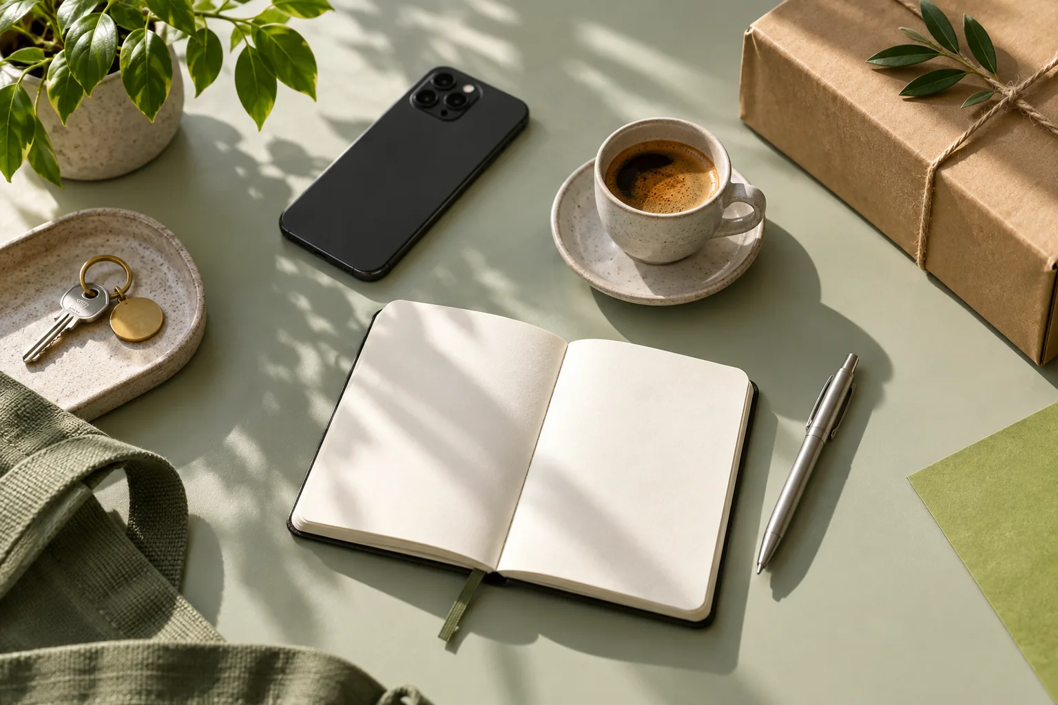 Phone, notebook, coffee and a delivery parcel on a sunlit sage desk.