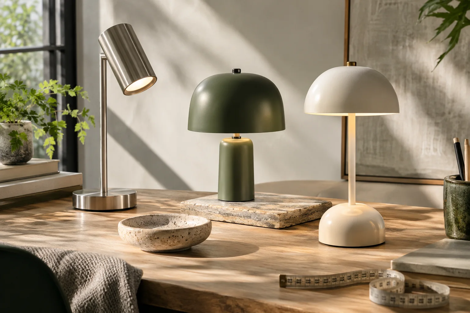 Three desk lamps in different materials arranged for a product comparison.