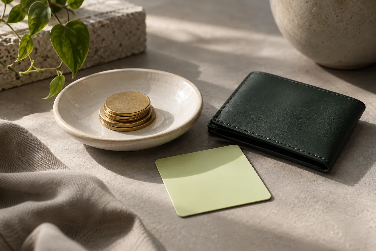 A green wallet and a ceramic dish holding brass tokens.