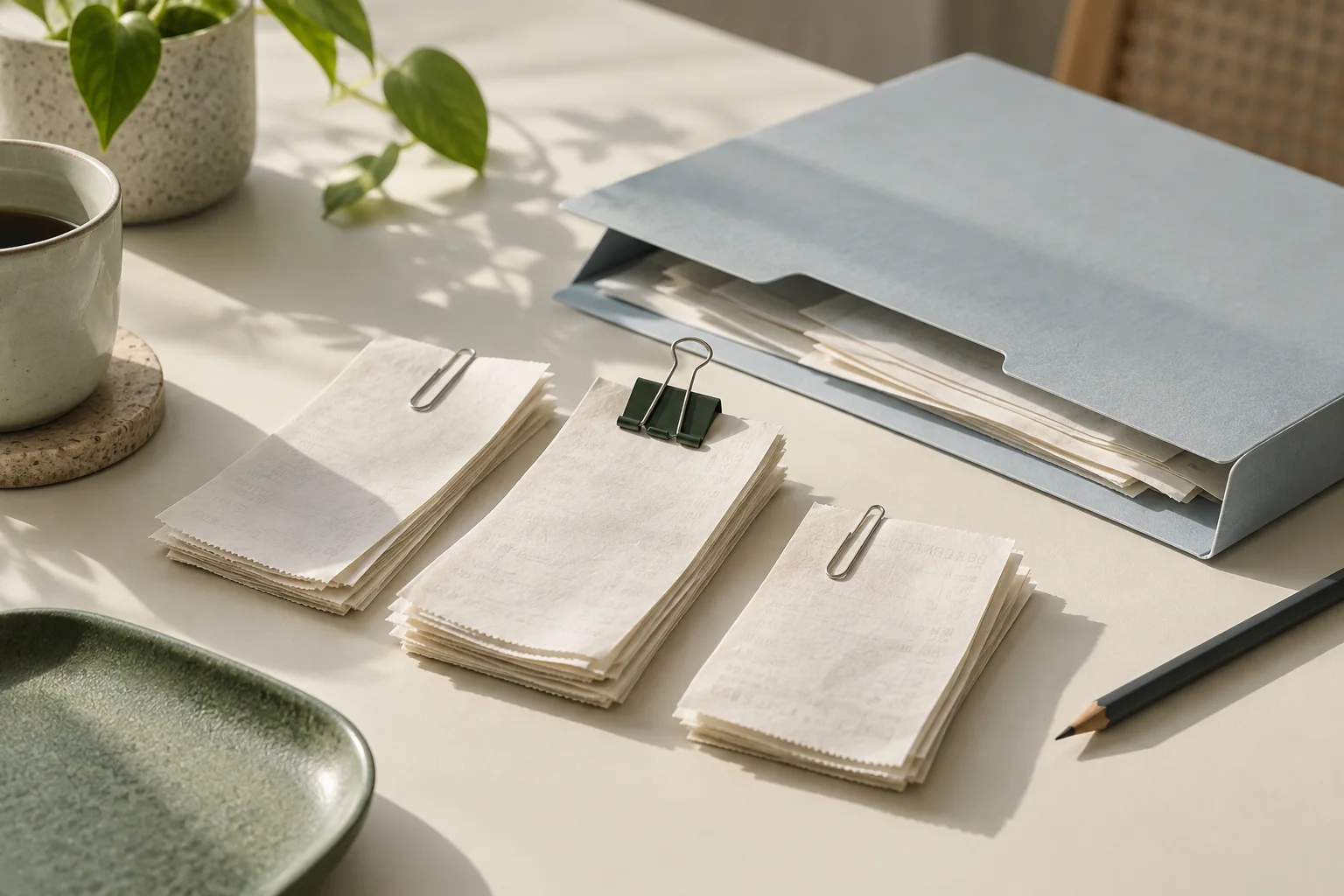 Paper slips organized with clips beside a document folder.