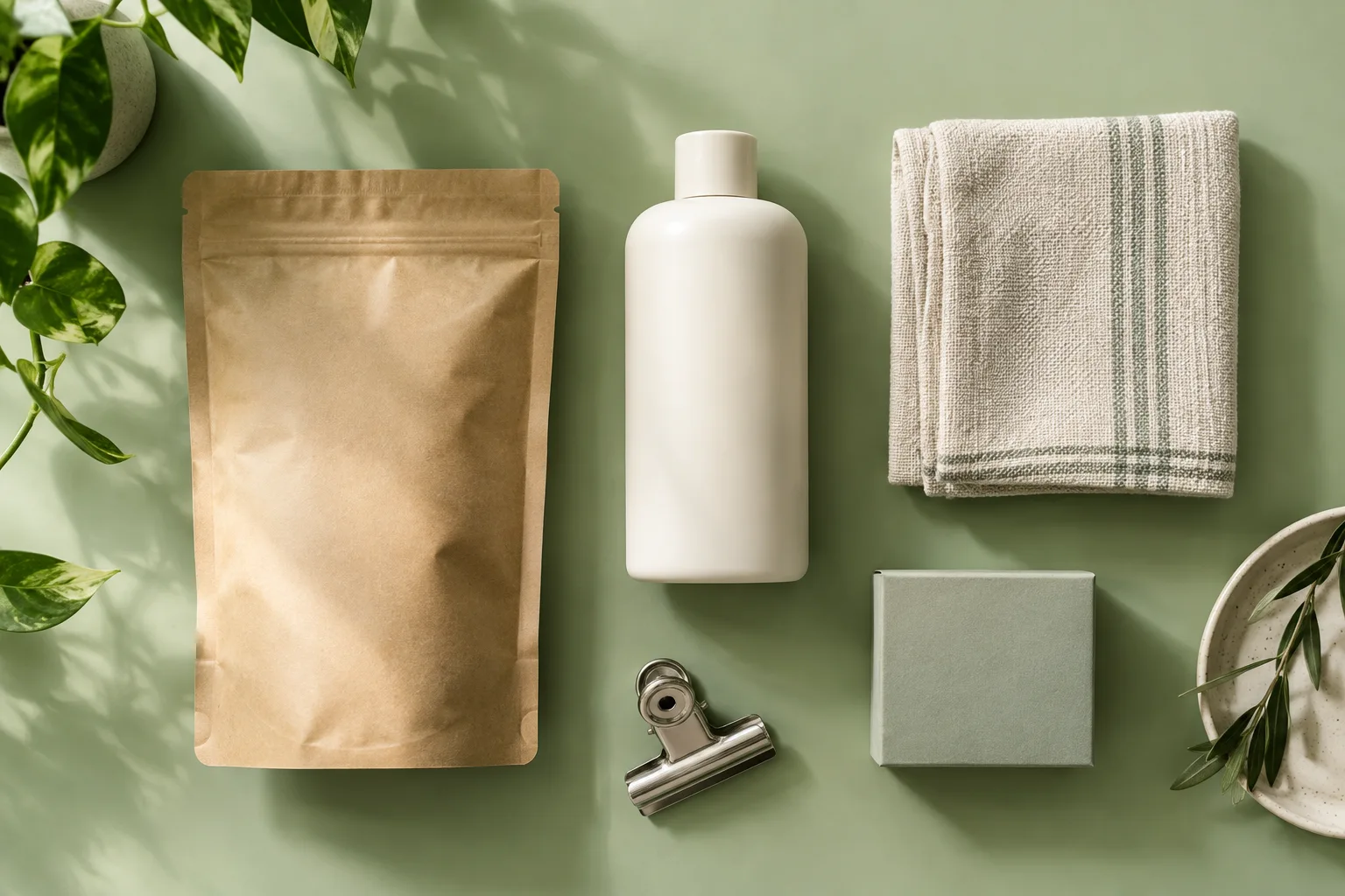 Household essentials arranged individually on a sage tabletop.