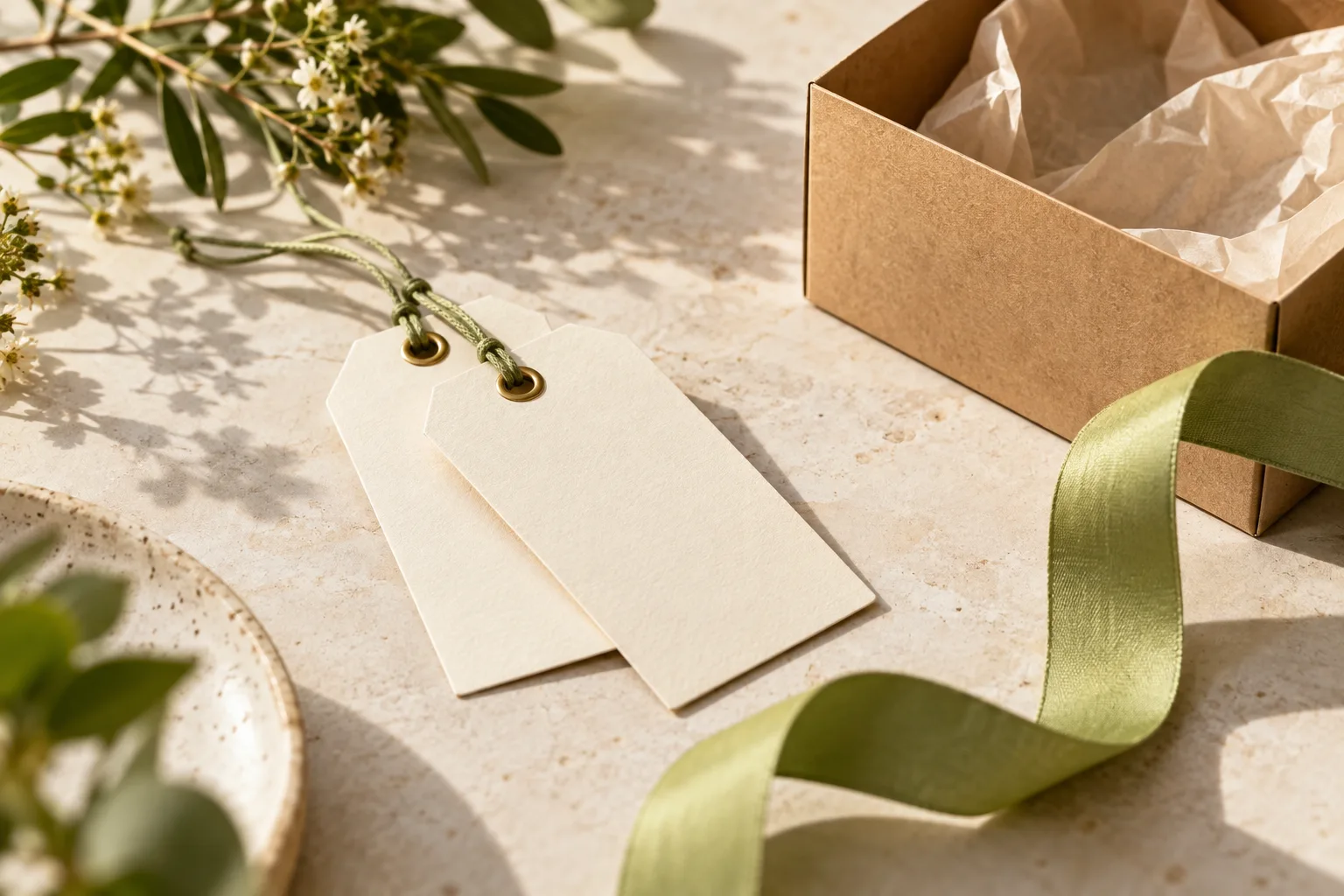 Blank paper offer tags and lime ribbon beside a shopping box.