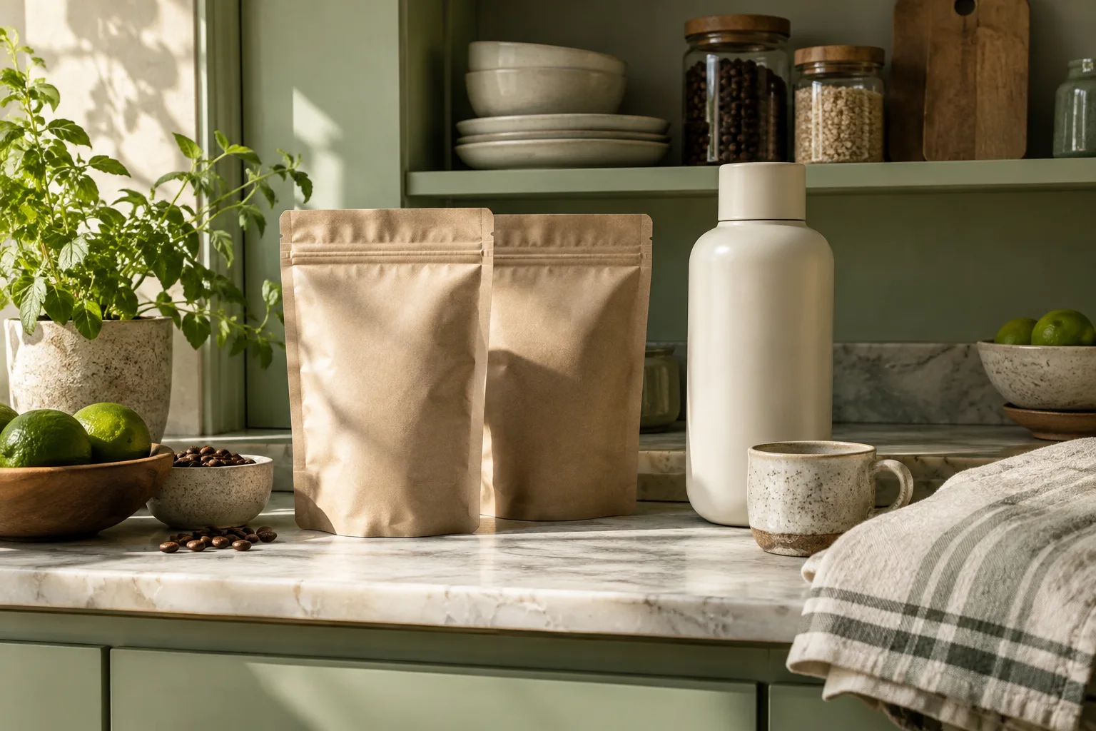 Coffee pouches and household essentials on a sunlit kitchen shelf.