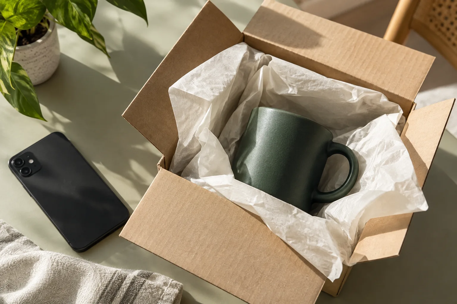 A green ceramic mug revealed inside an open delivery parcel.